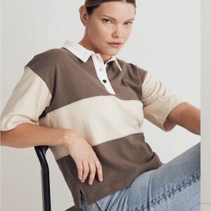 Madewell Colorblock Cream & Brown Varsity Style Polo Top Shirt, Small